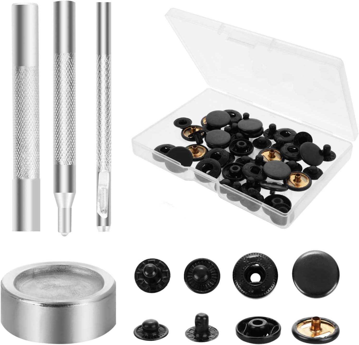 12 Sets Leather Snap Fasteners Kit, Heavy Duty Metal Snap Buttons Kit Press Leather Rivets Studs Rivets with 4 Install Tools for Sewing Clothing, Jeans, Jackets, Bracelets, Bags, Belt, DIY (15mm) - Image 1